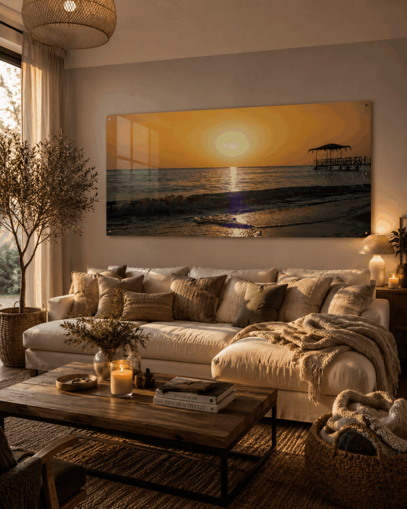 living room with panorama print sunrise on acrylic glass