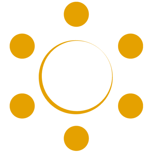 Das gelbe Sonnen-Logo von just SOMEWHERE, bestehend aus einem zentralen Kreis, der von sechs kleineren Punkten umgeben ist.